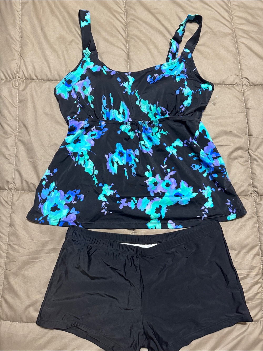 Women's Black Floral Tankini Set with Blue & Teal Accents